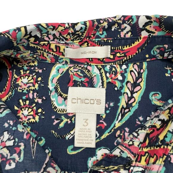 CHICOS No Iron Blue Pink Multi Paisley Button Up Shirt Size XL (3) *READ* - Picture 6 of 11